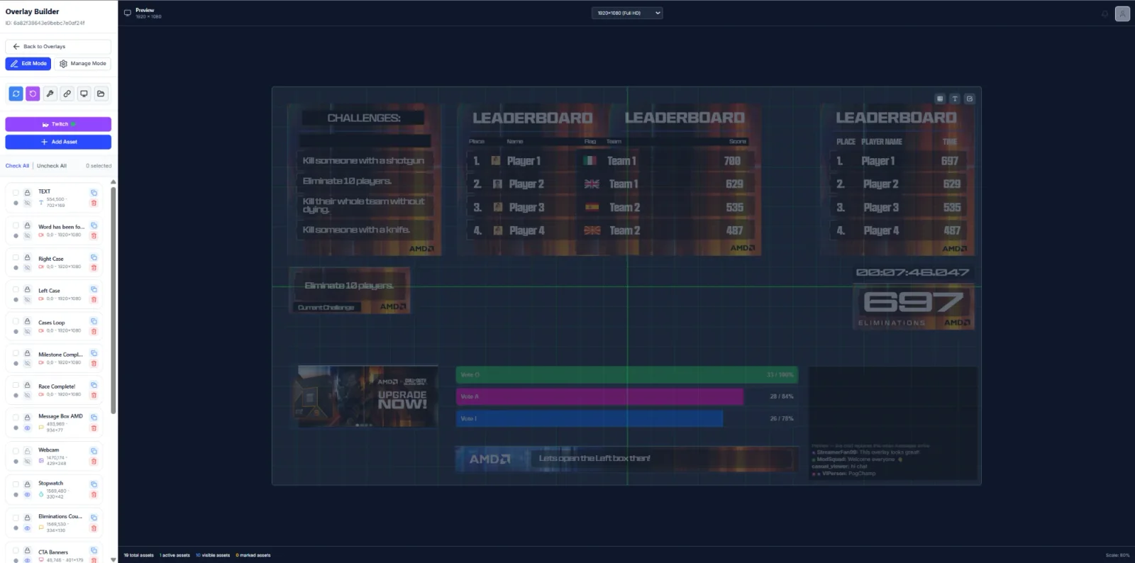 The overlay builder: leaderboards, challenges, votes and chat on one stream layout